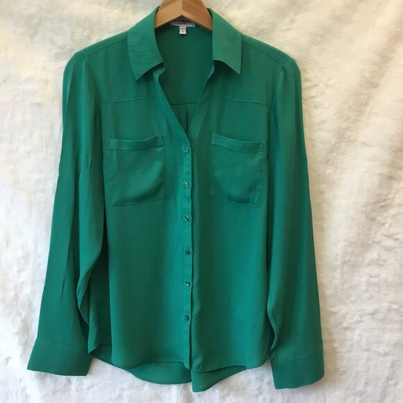 Express Green Long Sleeve Portfolio Button Shirt - Picture 1 of 11